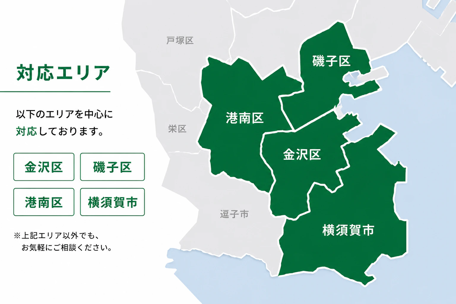 金沢区・磯子区・港南区・横須賀市北部を中心とした対応エリア図